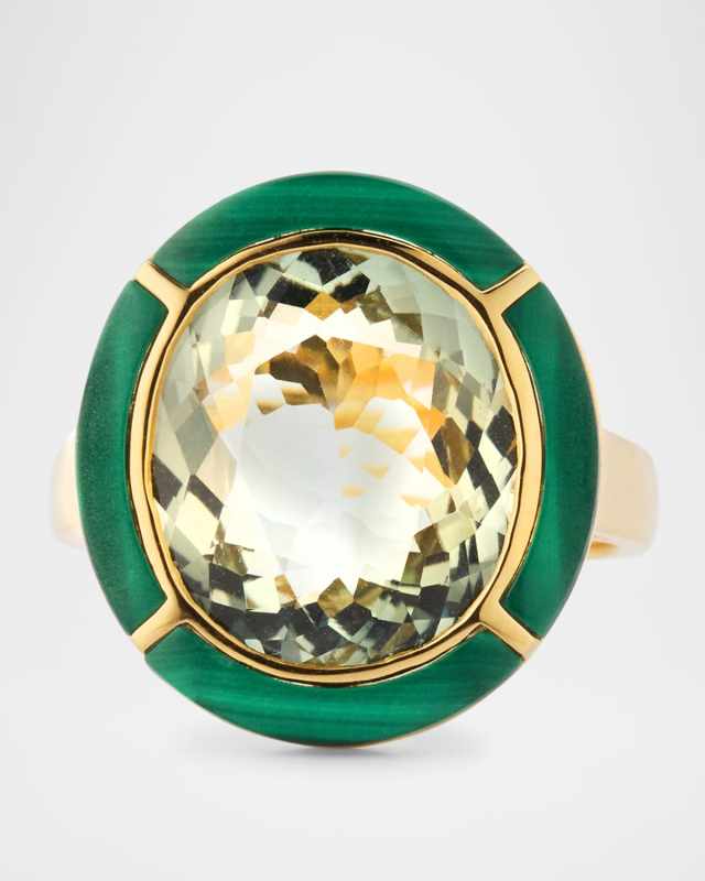 Melange 18K Yellow Gold Prasiolite Oval Ring with Malachite Inlay